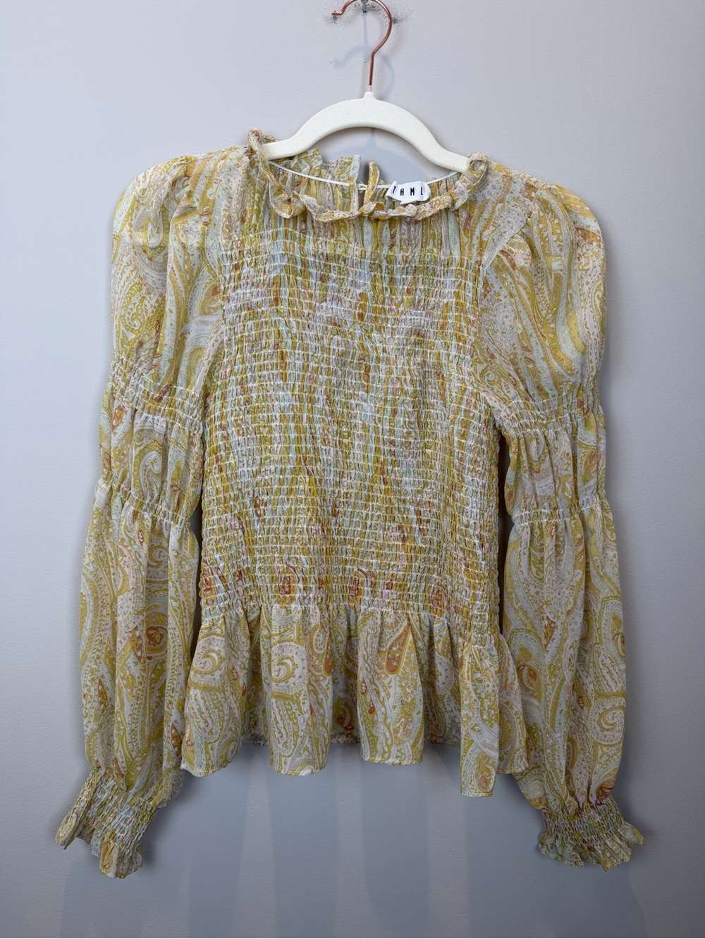 THML Paisley Smocked Blouse XS Yellow Green Puff Sleeve Peplum